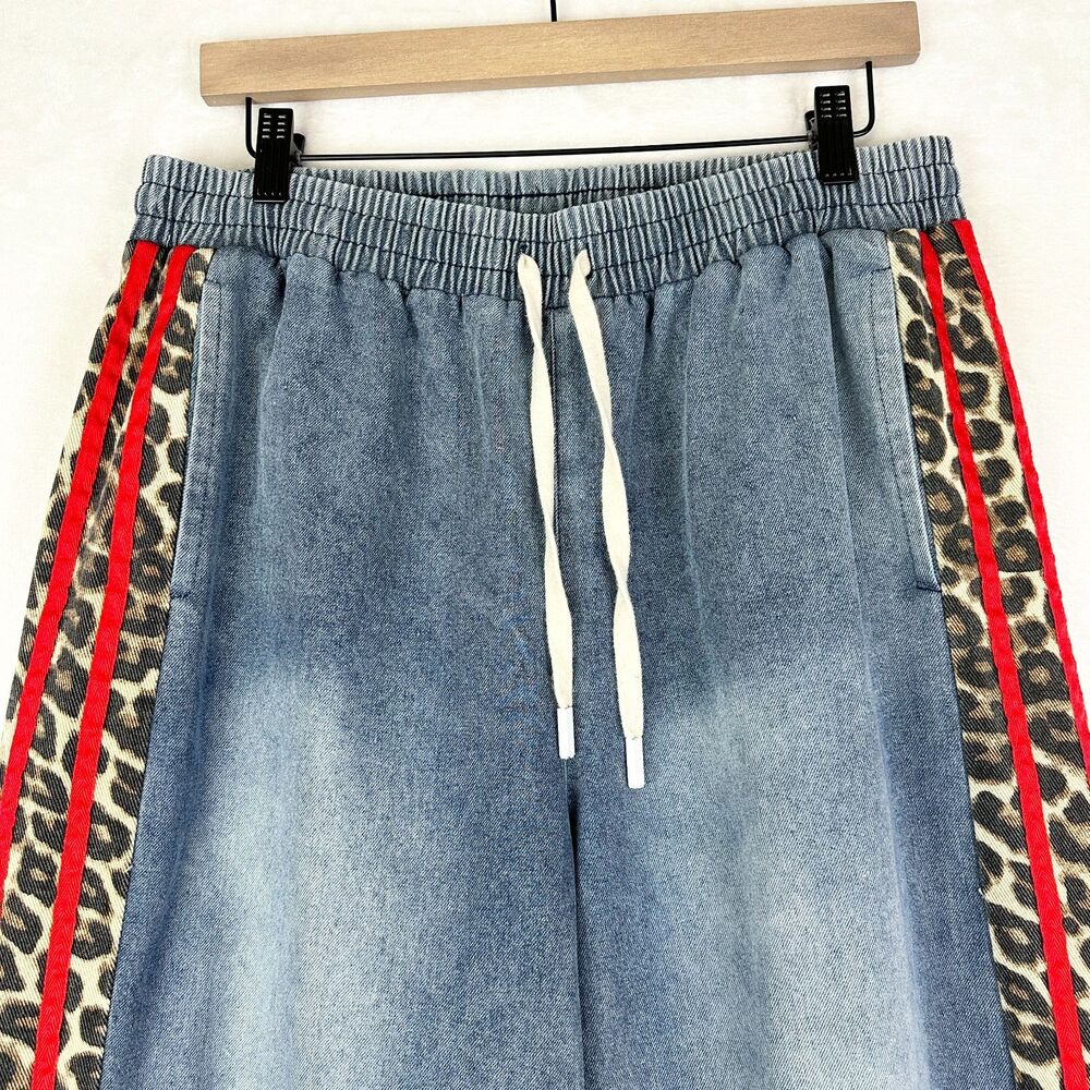 Jodifl Drawstring Wide Leg Leopard Side Denim Pants Size XL Stripe High Rise - Picture 5 of 8